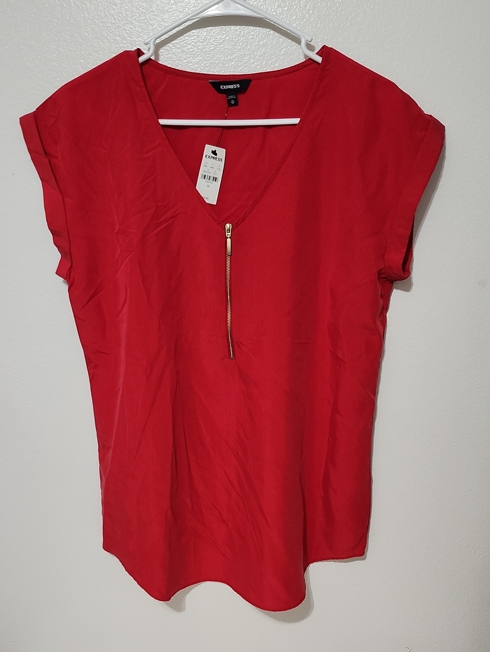 Express Red V-Neck Top with Gold Zip - Picture 2 of 3